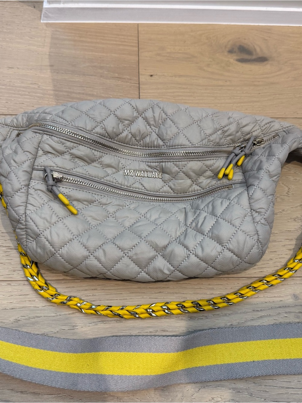 MZ Wallace Light Gray Quilted Crossbody with Yellow Accents